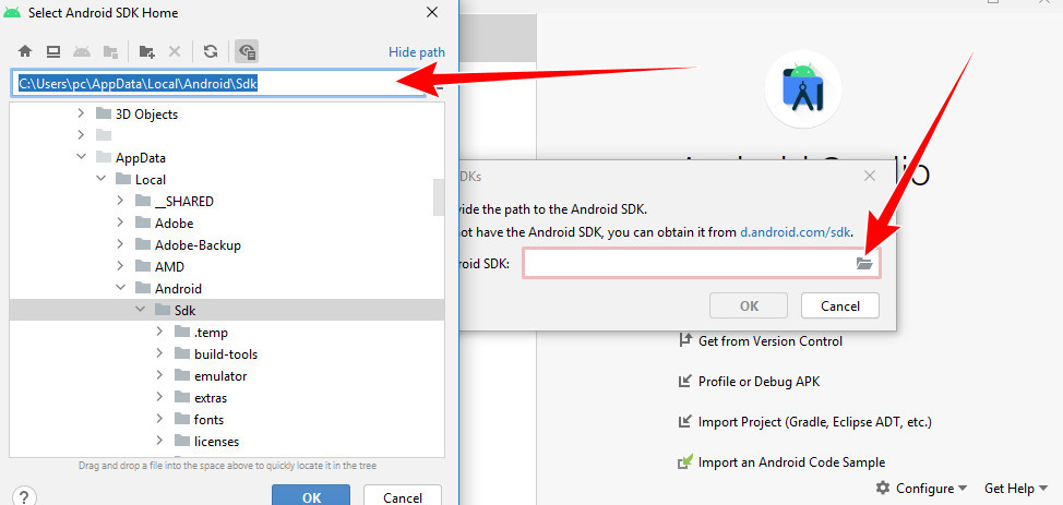 Select SDK Please provide the path to the Android SDK Select SDK Please provide the path to the Android SDK